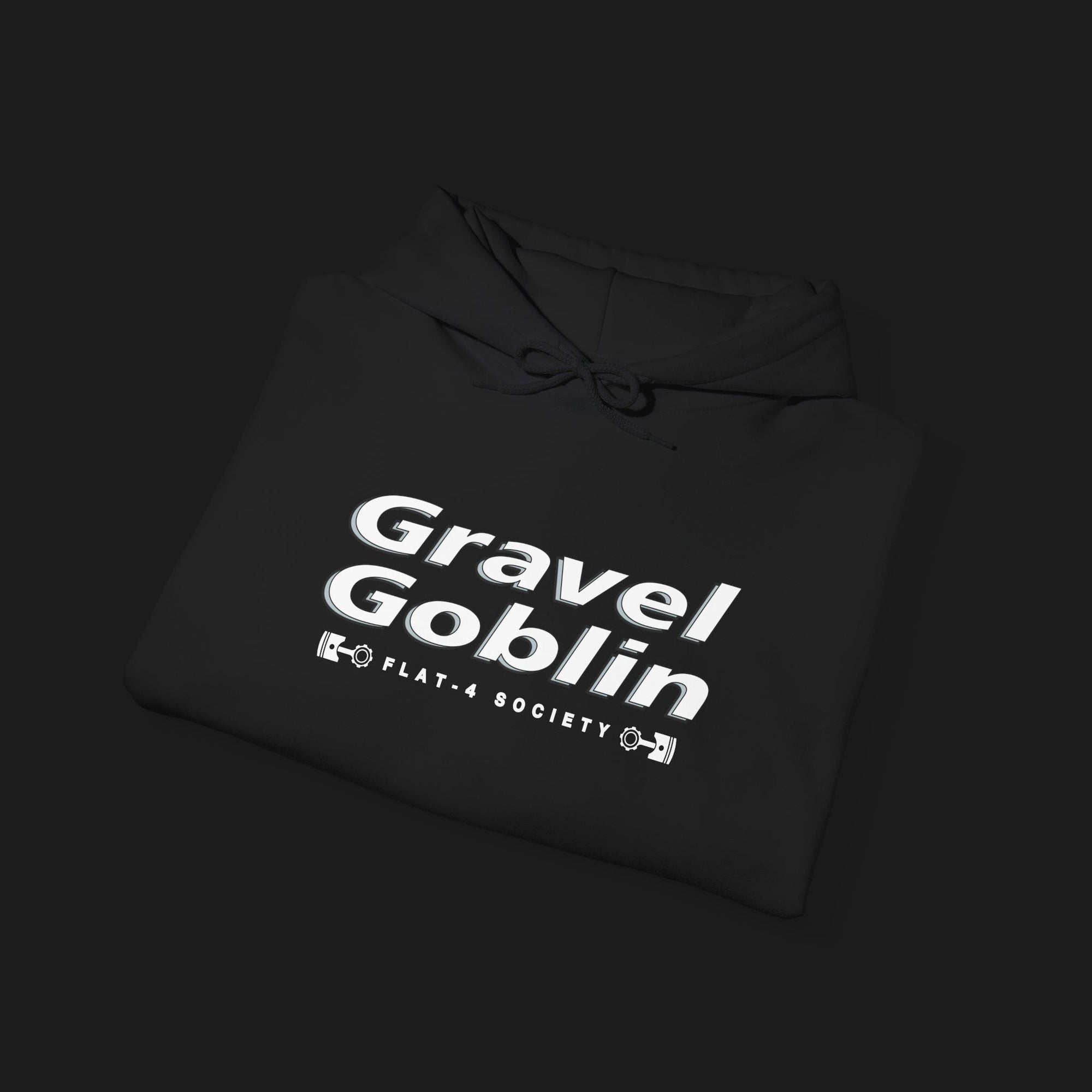 Gravel Goblin Unisex Heavy Blend Automotive Graphic Hoodie – Black hoodie featuring a detailed front graphic of a Subaru WRX STI with geometric white and black background design. Ideal for car enthusiasts and JDM fans.