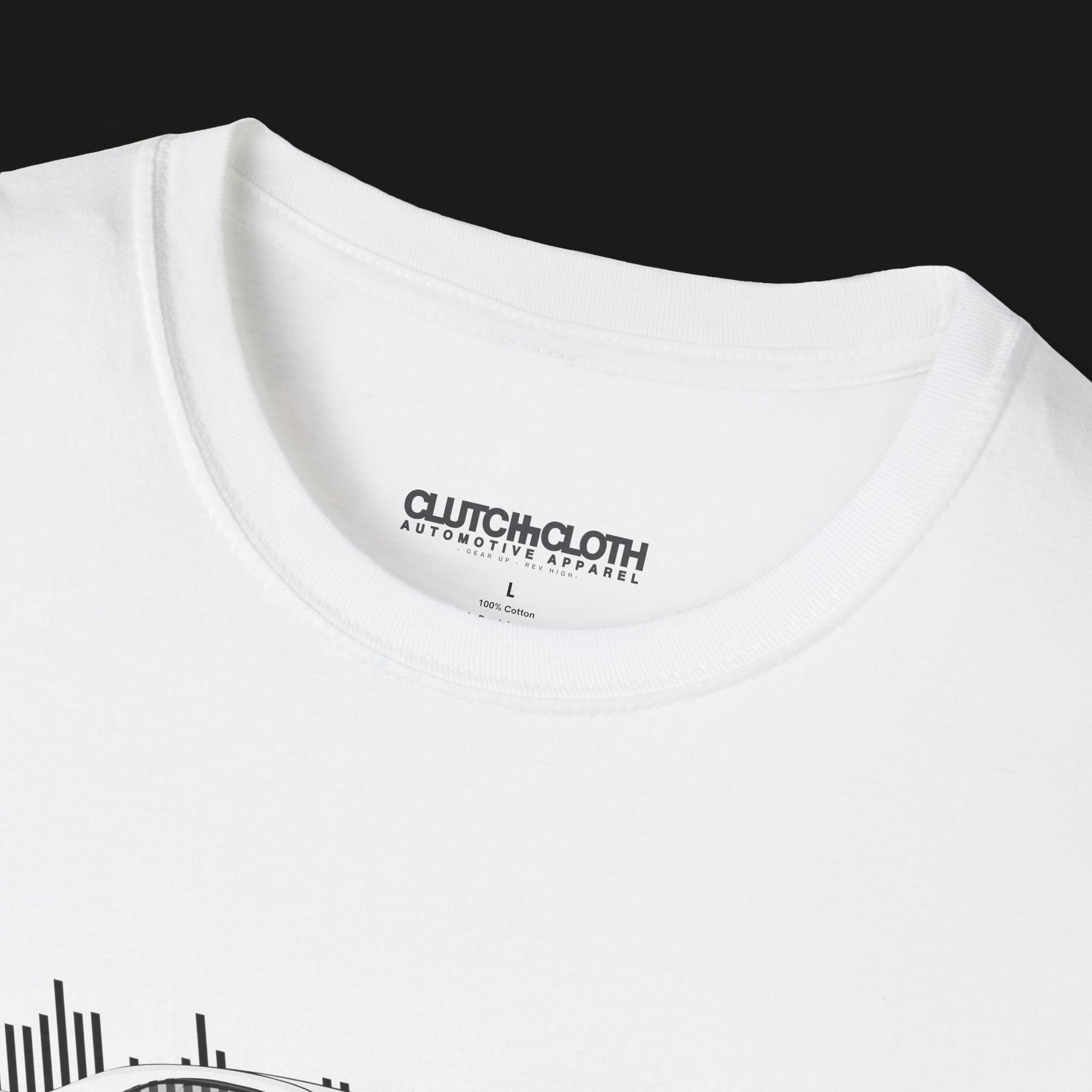 Demon 170 Sound Spectrum Graphic T-Shirt collar – White tee featuring a Demon 170 muscle car with black sound wave accents. Ideal for muscle car enthusiasts and automotive fans.