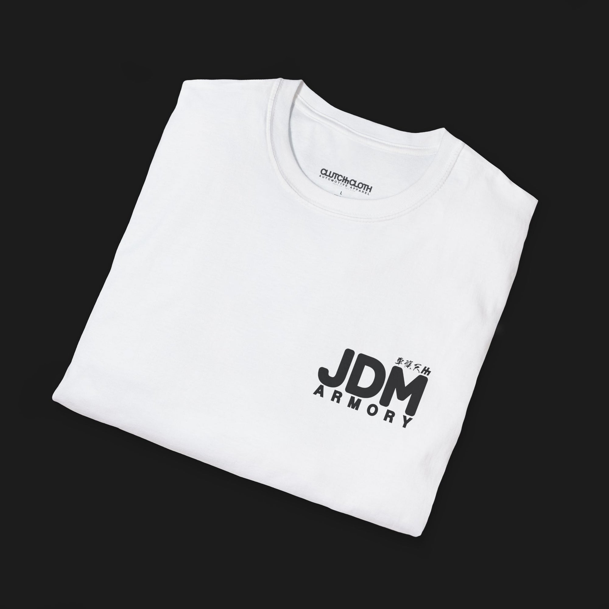 Choose Your Weapon JDM Armory Graphic T-Shirt – Folded White tee featuring five legendary JDM cars in a vertical lineup with "Choose Your Weapon" text. Ideal for car enthusiasts and JDM culture fans.