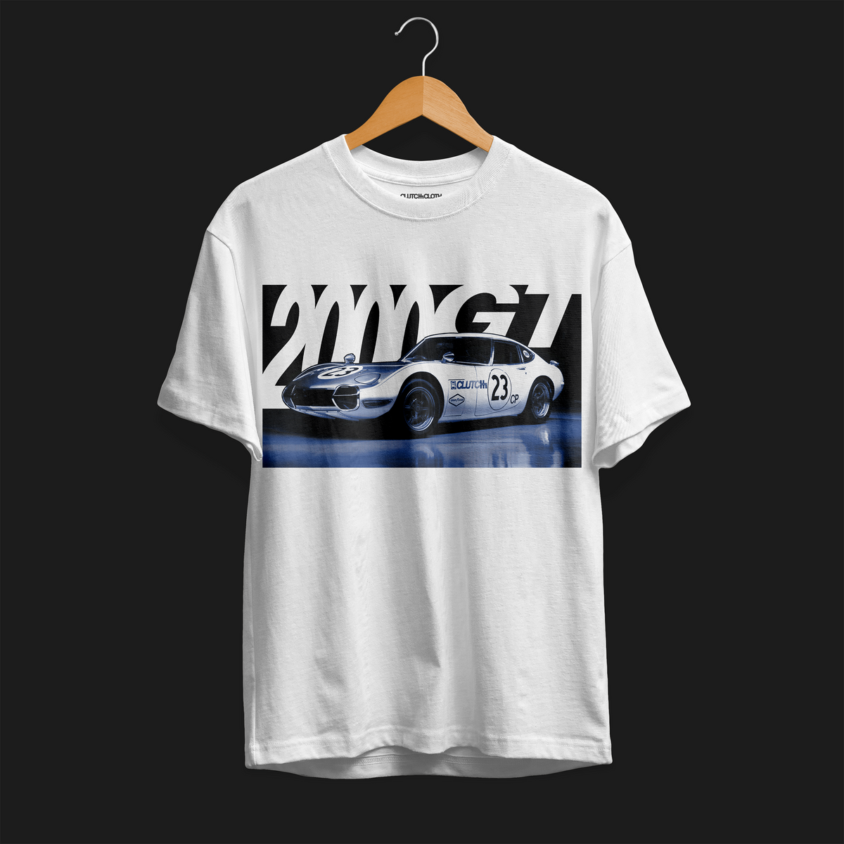 2000GT Automotive Graphic T-Shirt – White tee featuring a detailed graphic of the legendary Toyota 2000GT race car with bold &quot;2000GT&quot; lettering. Perfect gift for JDM and car culture enthusiasts.