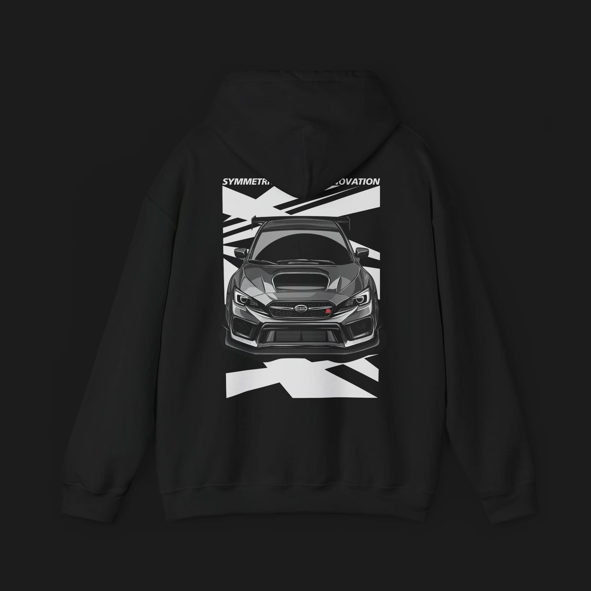 Back of Gravel Goblin Unisex Heavy Blend Automotive Graphic Hoodie – Black hoodie featuring a detailed front graphic of a Subaru WRX STI with geometric white and black background design. Ideal for car enthusiasts and JDM fans.