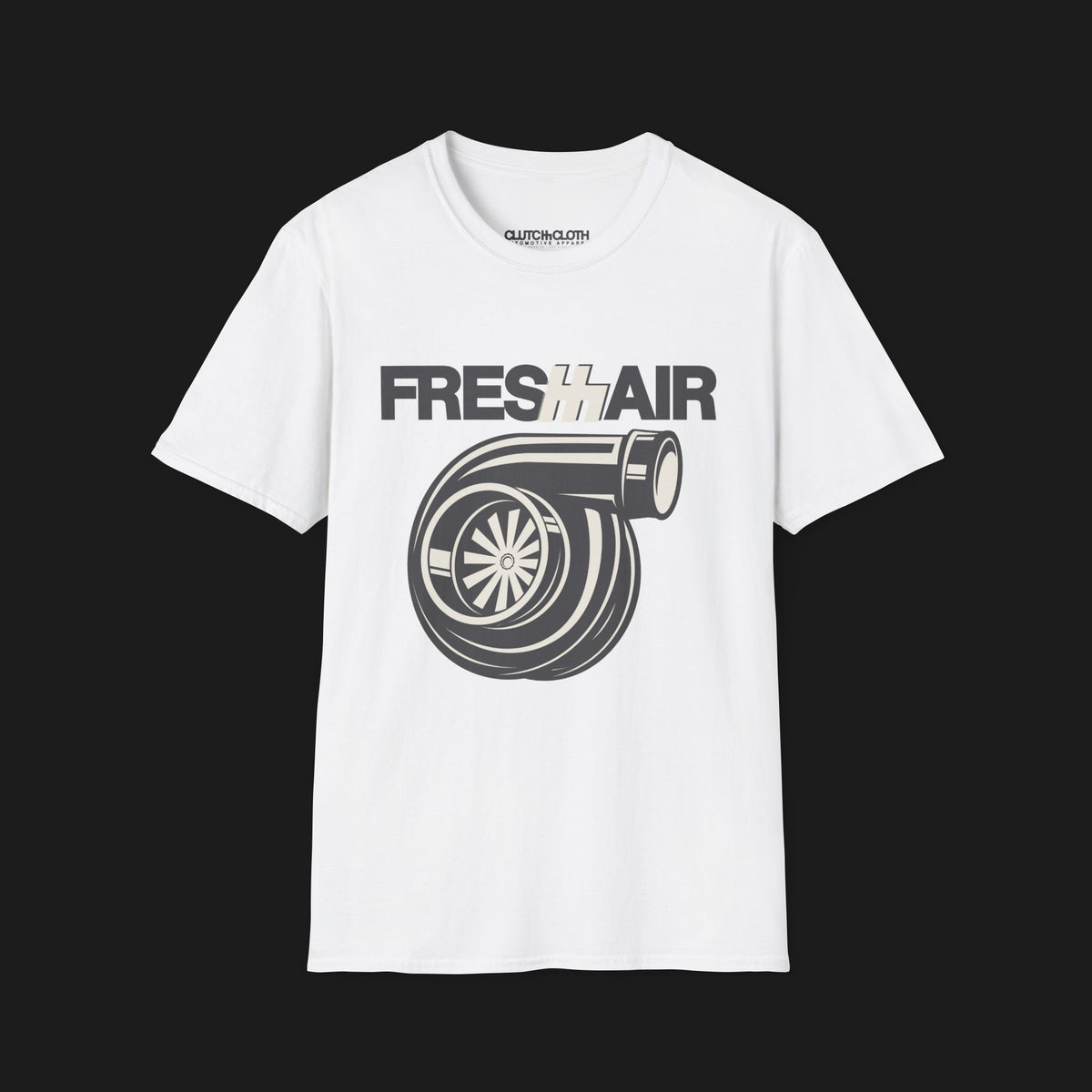 Fresh Air Turbo Automotive Graphic T-Shirt – front view White tee featuring a bold turbocharger design with &quot;Fresh Air&quot; text. Perfect gift for car enthusiasts and turbo fans.