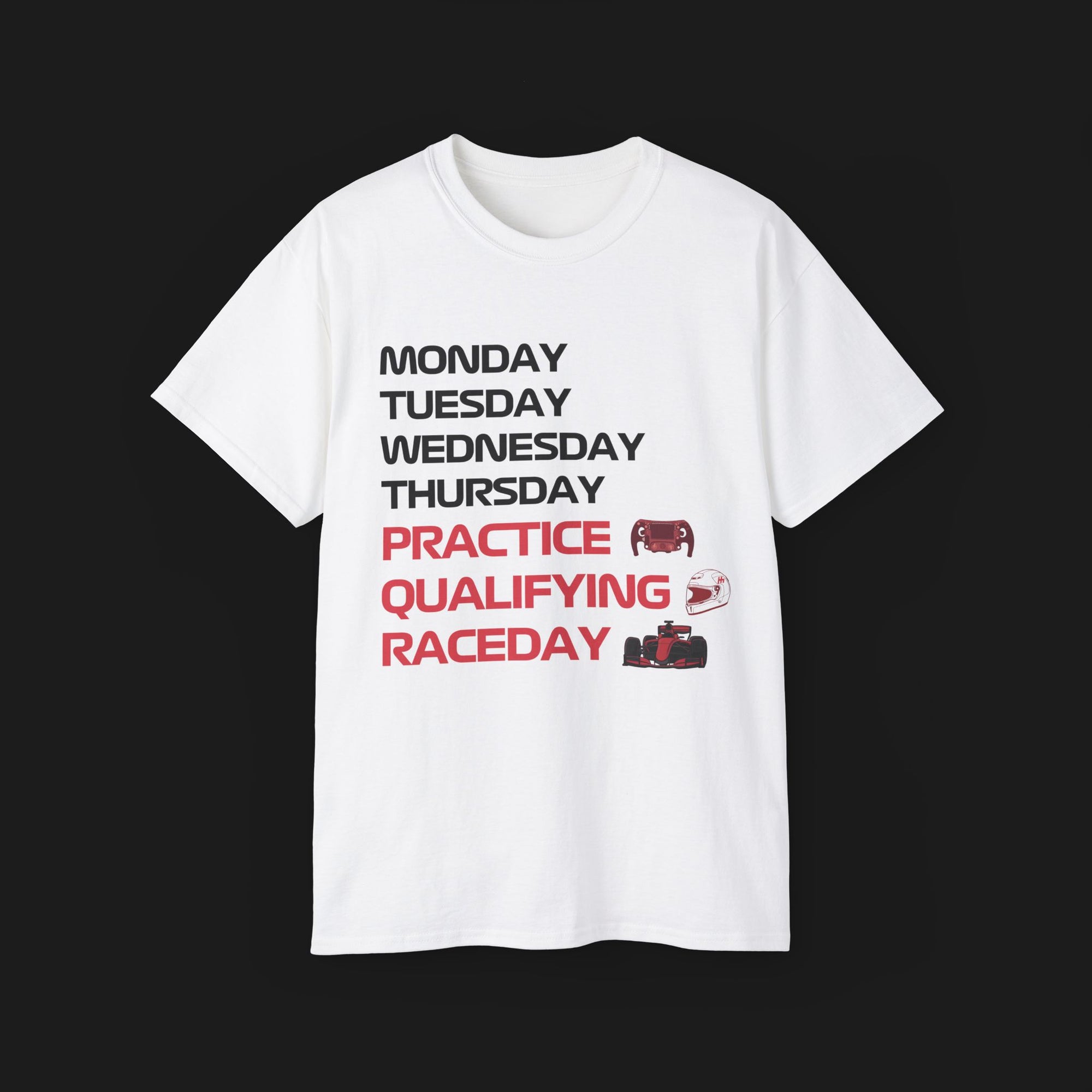 F1 Race Weekend Graphic T-Shirt – Front view of white Formula 1 schedule shirt featuring bold text for practice, qualifying, and race day. Ideal gift for F1 and motorsport fans.