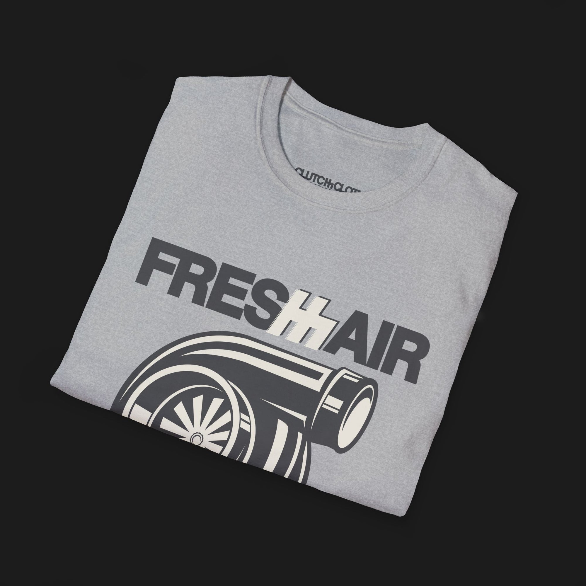 Fresh Air Turbo Automotive Graphic T-Shirt – sport grey folded tee featuring a bold turbocharger design with "Fresh Air" text. Perfect gift for car enthusiasts and turbo fans.