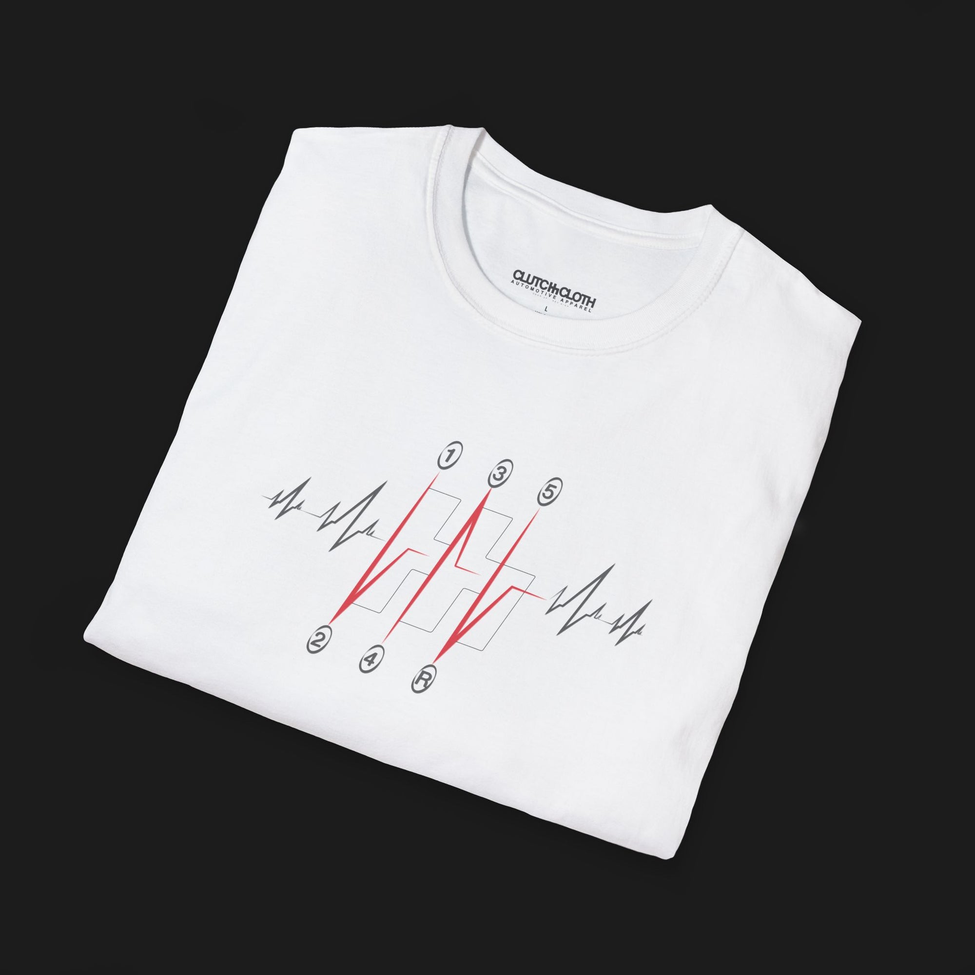 Manual Gear Shift Heartbeat Graphic T-Shirt – Folded White tee featuring a red and gray manual gear shift with heartbeat accents. Perfect gift for car enthusiasts and manual transmission fans.