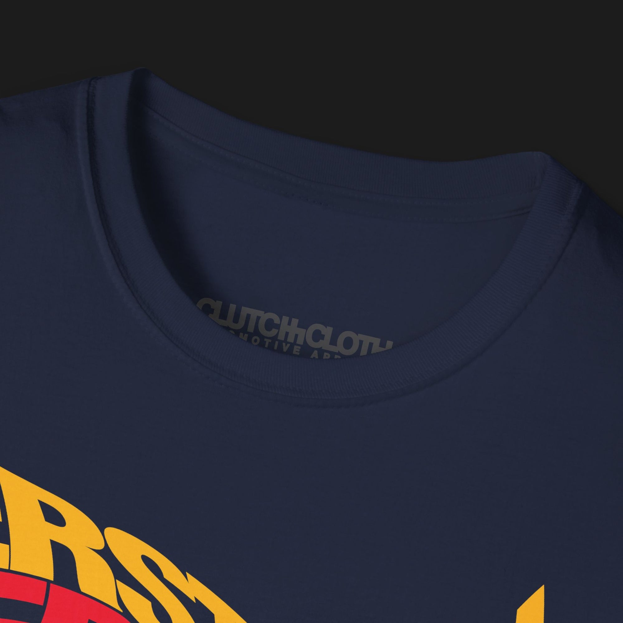 Verstappen World Champion T-Shirt – Blue tee collar featuring bold Verstappen typography in red, yellow, and blue with a dynamic F1 car graphic. Ideal gift for Formula 1 fans and motorsport enthusiasts. 