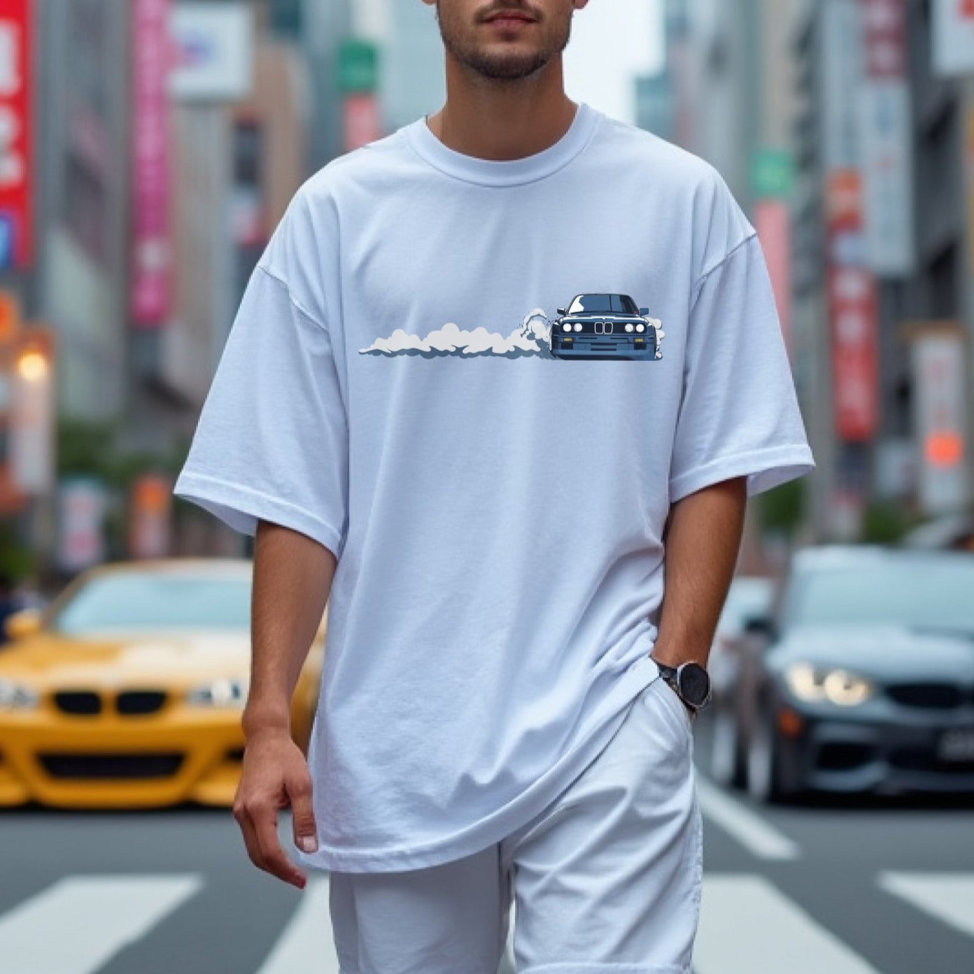 Man wearing DTM M3 Drift Automotive Graphic T-Shirt – White unisex tee featuring a drifting BMW M3 graphic with smoke trail. A perfect gift for car enthusiasts and drift lovers.