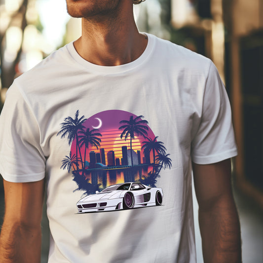 Retro Sunset Over Vice | Clutchcloth Automotive Apparel, Miami Sunset Shirt, Miami LBWK Testarossa Shirt, Miami Florida, Sunset Beach, FL