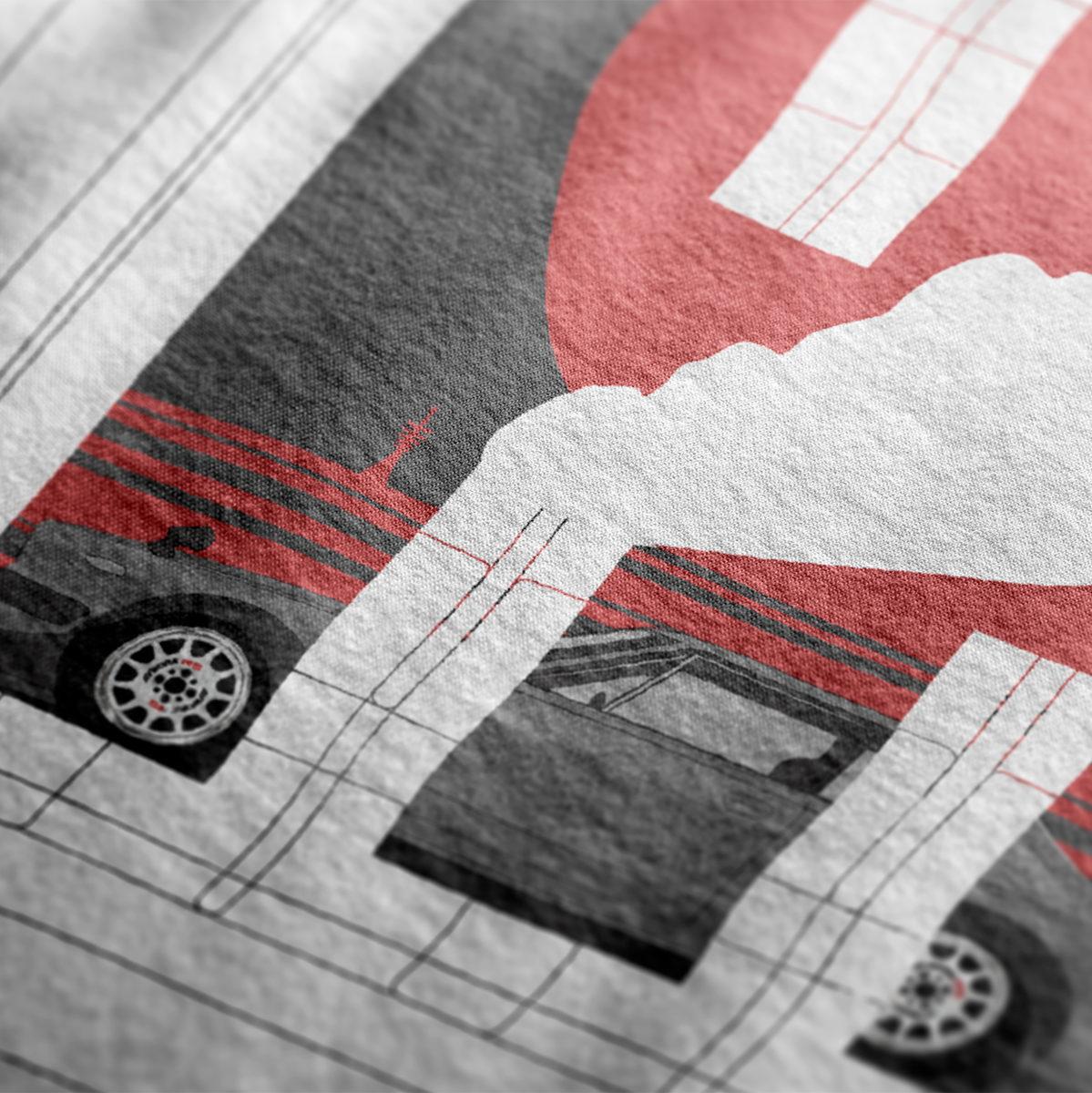 ClutchCloth Racing Signature Series No.1 Automotive Graphic T-Shirt – White tee featuring a side-profile racing car design with red and black geometric accents. Ideal gift for motorsport enthusiasts and car culture fans.