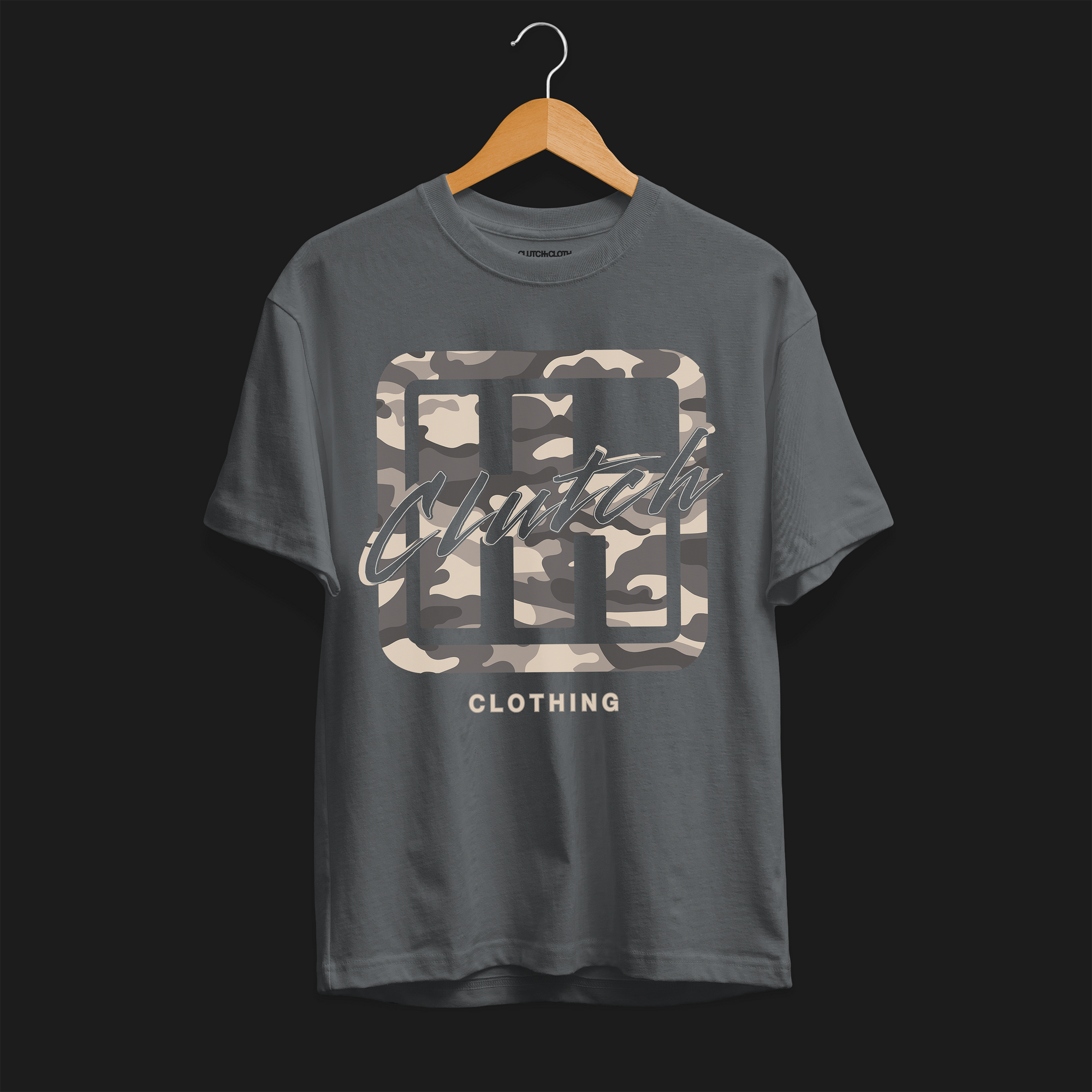 Clutch Clothing Camo Automotive Graphic T-Shirt – Front view of grey camo-patterned Clutch Clothing graphic tee. Ideal for car enthusiasts and streetwear lovers.