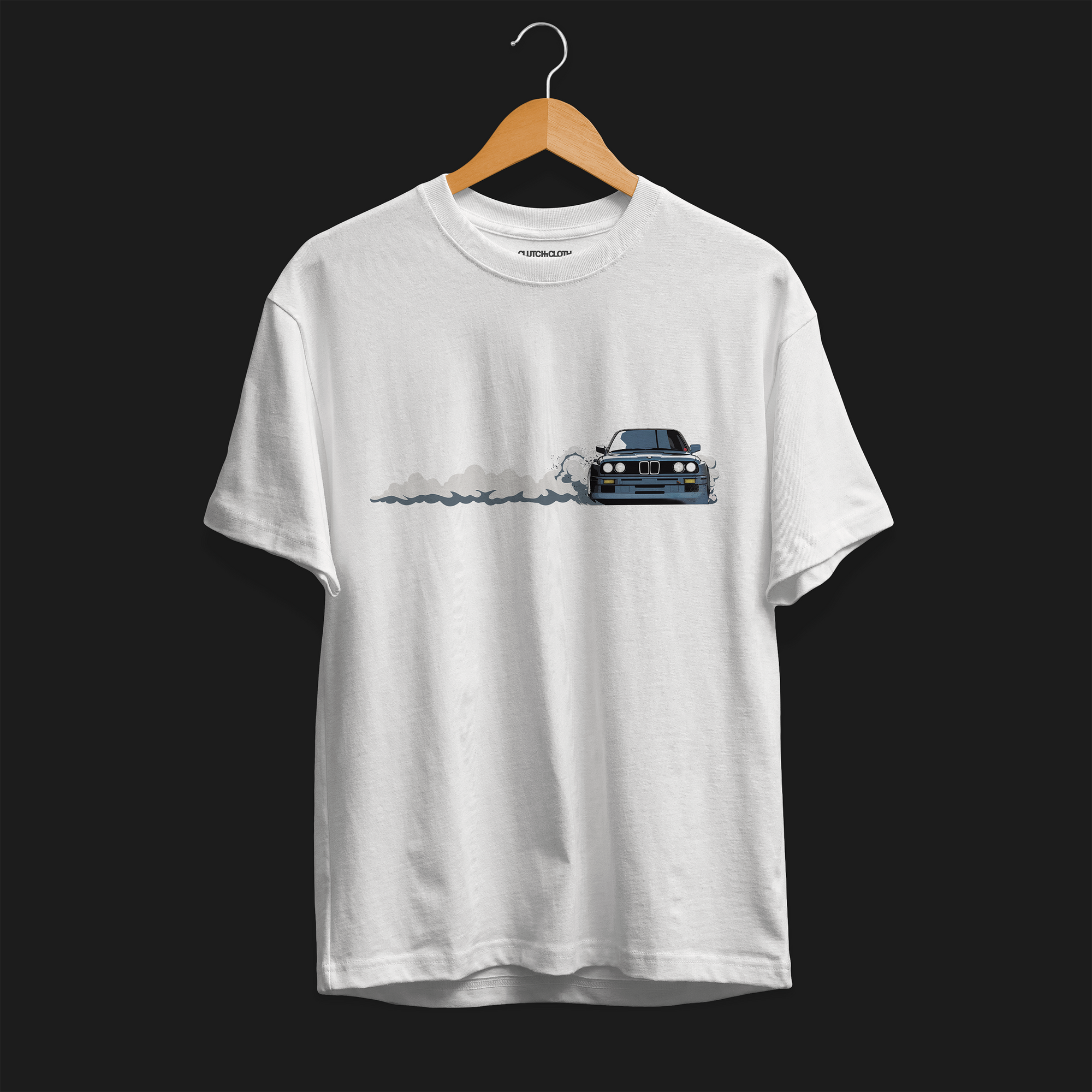 Front of DTM M3 Drift Automotive Graphic T-Shirt – White unisex tee featuring a drifting BMW M3 graphic with smoke trail. A perfect gift for car enthusiasts and drift lovers.