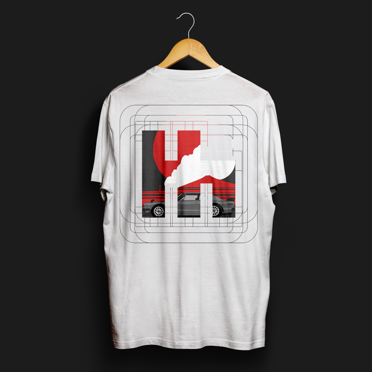 ClutchCloth Racing Signature Series No.1 Automotive Graphic T-Shirt – White tee Back featuring a side-profile racing car design with red and black geometric accents. Ideal gift for motorsport enthusiasts and car culture fans.