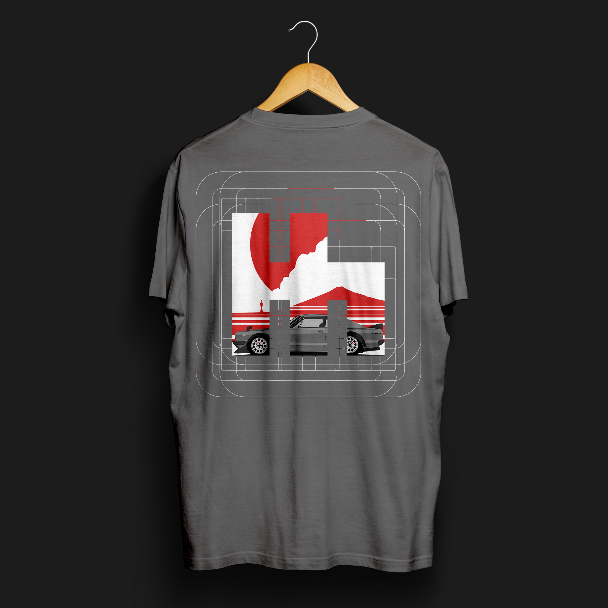 ClutchCloth Racing Signature Series No.1 Automotive Graphic T-Shirt – Charcoal tee featuring a side-profile racing car design with red and black geometric accents. Ideal gift for motorsport enthusiasts and car culture fans.