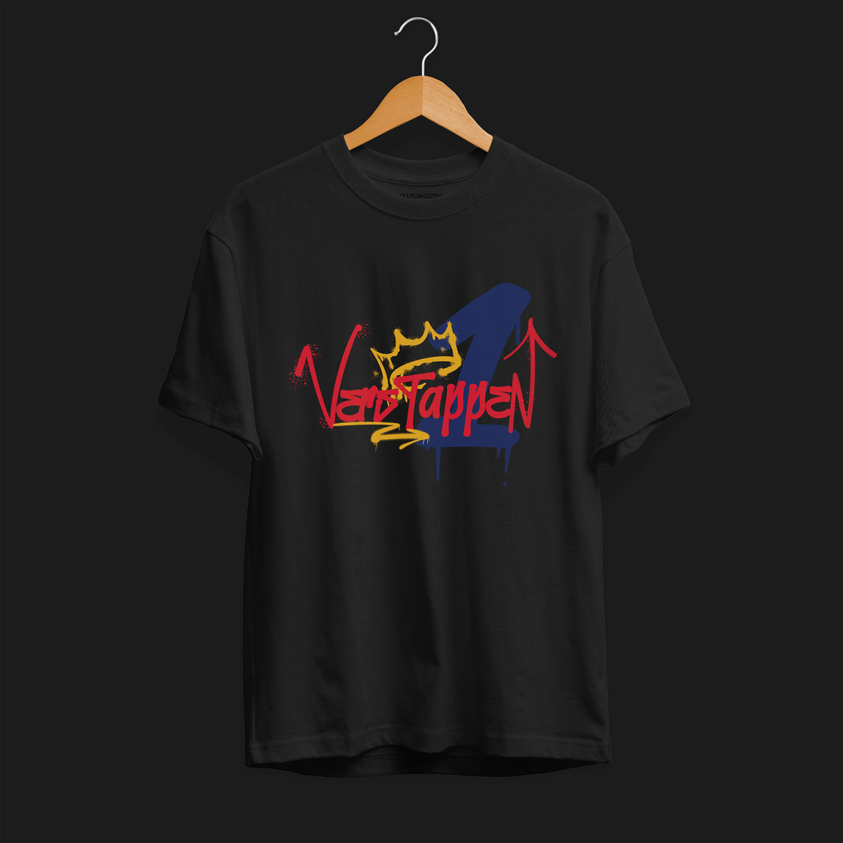 Verstappen 4th Time World Champion T-Shirt – Front Black tee featuring bold Verstappen graffiti-style &quot;4&quot; design with a crown and red, blue, and yellow accents. Perfect gift for F1 fans and motorsport enthusiasts.