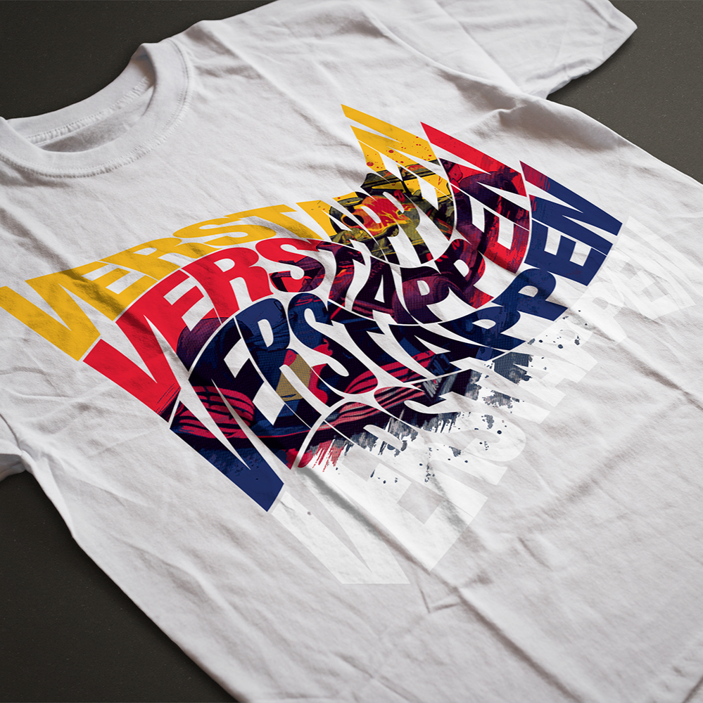 Verstappen World Champion T-Shirt – Front White tee featuring bold Verstappen typography in red, yellow, and blue with a dynamic F1 car graphic. Ideal gift for Formula 1 fans and motorsport enthusiasts.