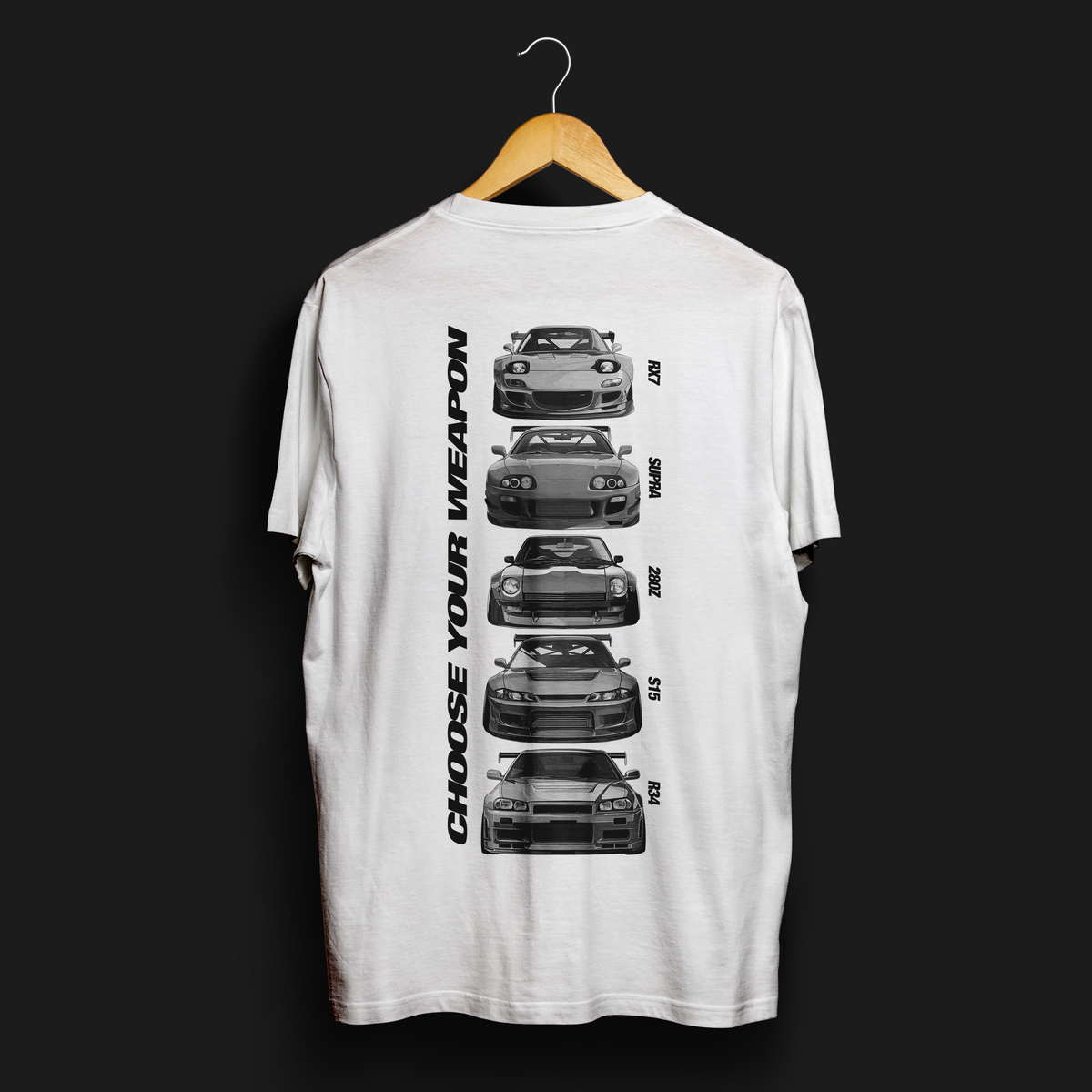 Choose Your Weapon JDM Armory Graphic T-Shirt – White tee back featuring five legendary JDM cars in a vertical lineup with &quot;Choose Your Weapon&quot; text. Ideal for car enthusiasts and JDM culture fans.